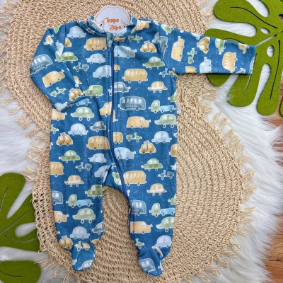 Macacão em Soft com Abertura em Zíper Carrinhos, Ônibus e Lambretas  - Azul Jeans